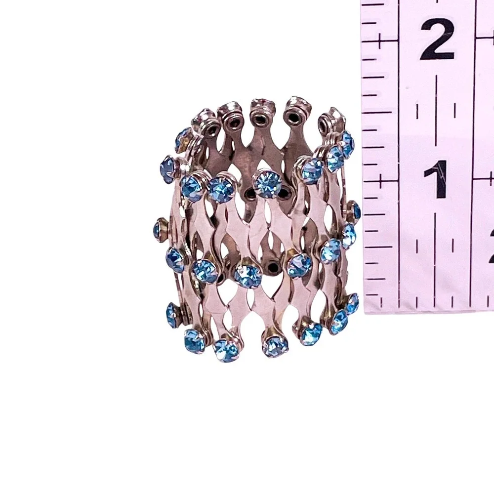 Vintage 1950s Expandable Chignon Hair Bun Cage‎ Silver Tone Blue Rhinestones